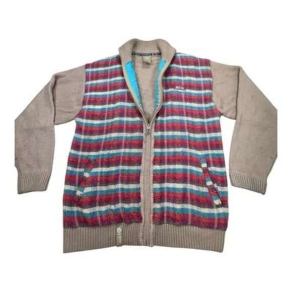 LRG Knit Sweater Jacket L Beige Multi Stripe Front Zip-Up Pockets Lined Rare - Picture 5 of 16